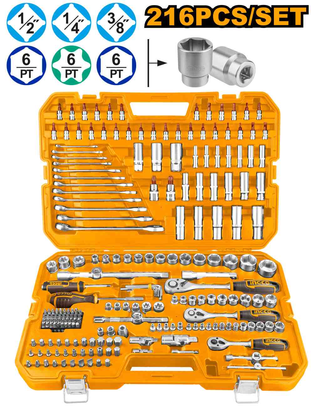 Maleta Jgo 216 Pcs Llaves Vasos 1/4”-3/8”-1/2” INGCO